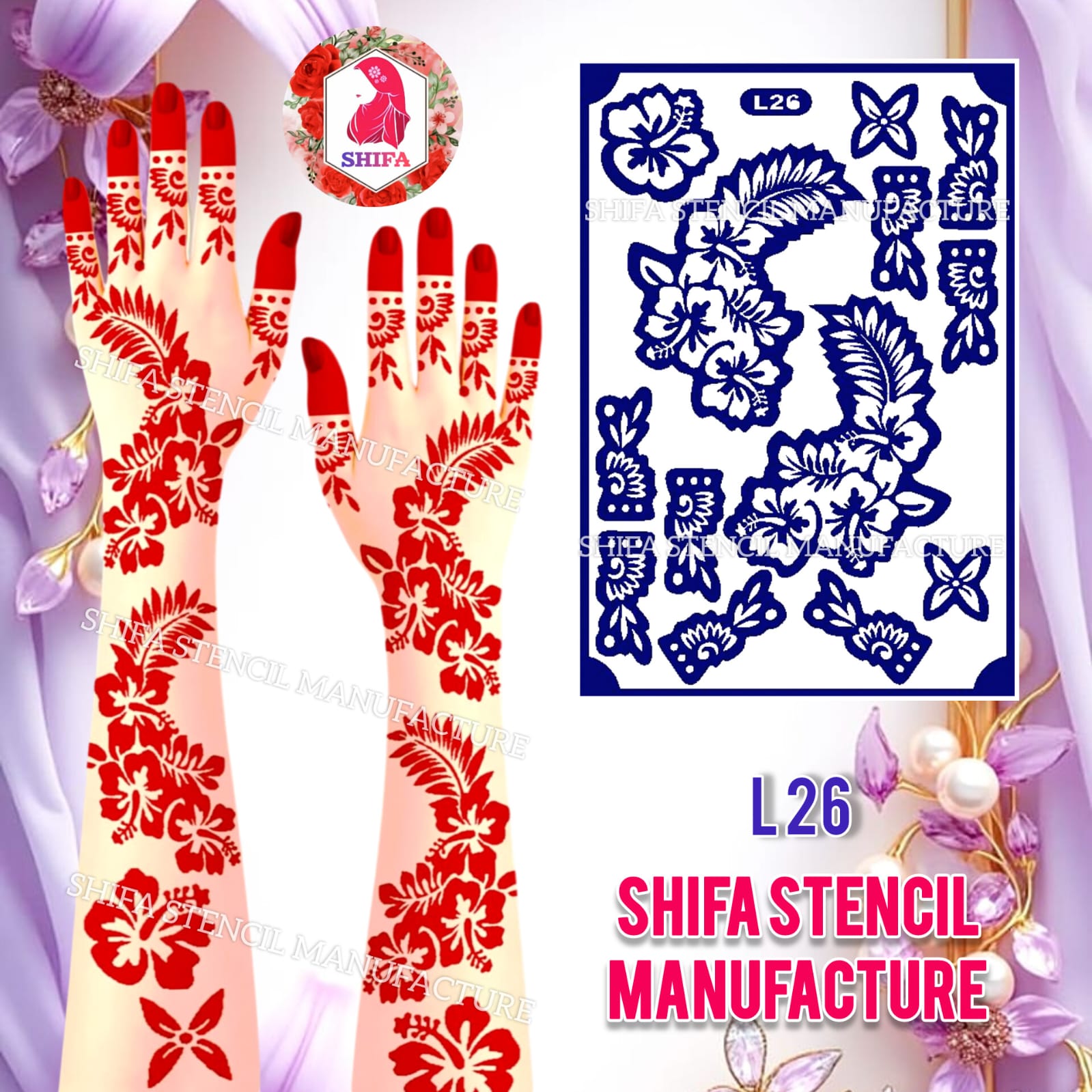 L 26 Hibiscus Island Breeze Sticker overview Henna Stencil - Shifa Stencil